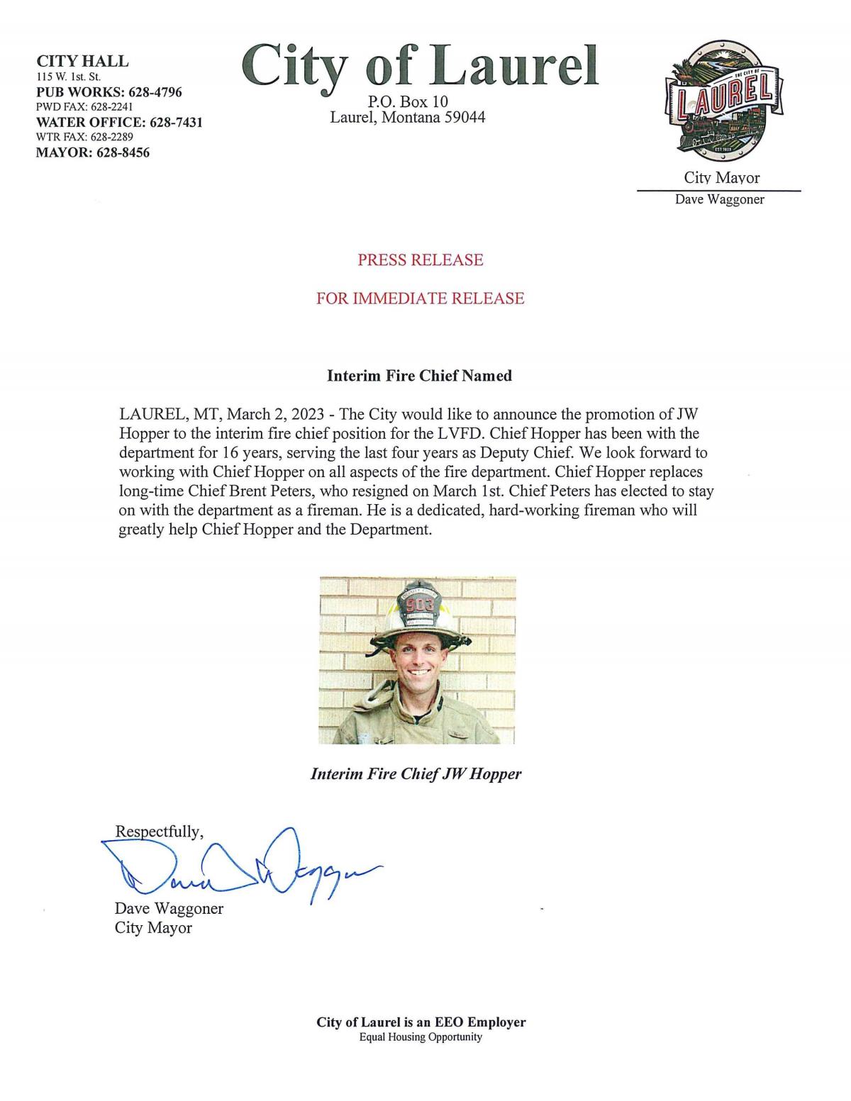 Press release - interim fire chief